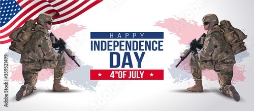 illustration of Fourth of July background for Happy Independence Day of America. two soldier with gun and flag. Vector painting.