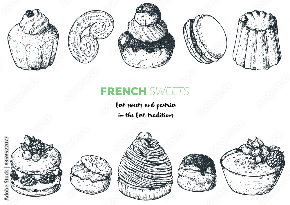 French desserts set with rum baba, palmier, chocolate religieuse