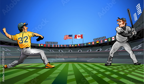 Baseball players strikes the ball in stadium