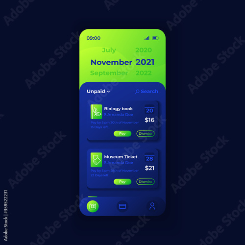 Tuition fees management app smartphone interface vector template. Mobile app page day mode design layout. Education payments organizer screen. Flat UI for application. School bills on phone display