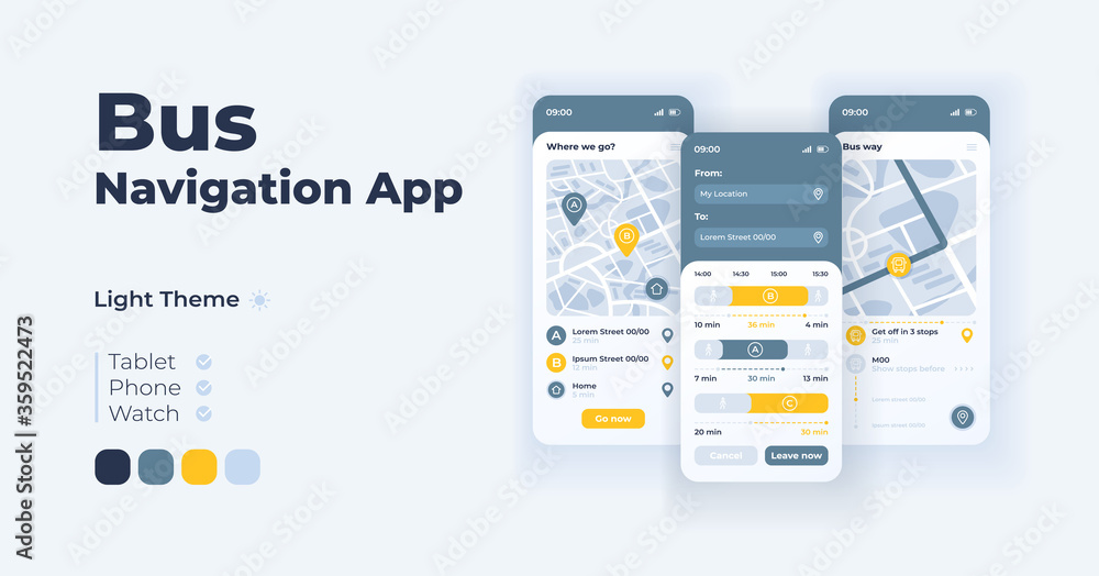 Bus navigation cartoon smartphone interface vector templates set ...