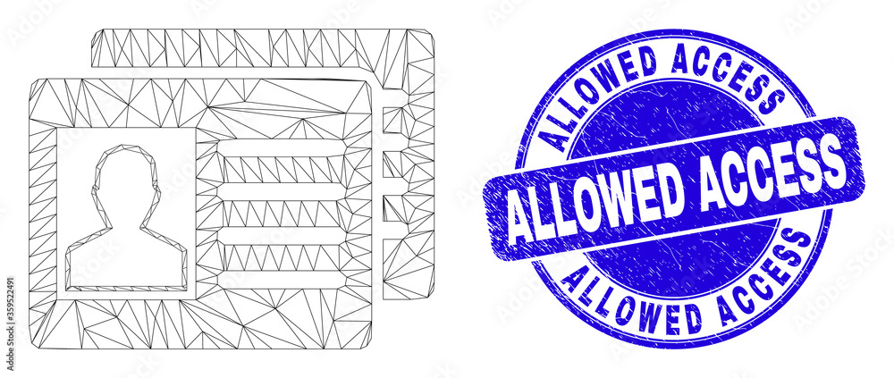Fototapeta premium Web carcass user id cards icon and Allowed Access seal. Blue vector rounded scratched seal with Allowed Access text. Abstract frame mesh polygonal model created from user id cards icon.
