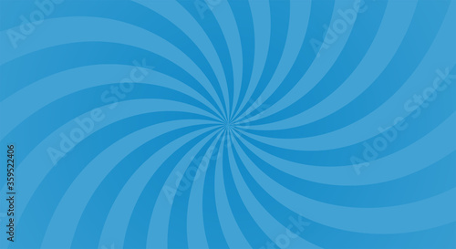Sunburst background with blue ray. Spiral curved rotating background with rays.