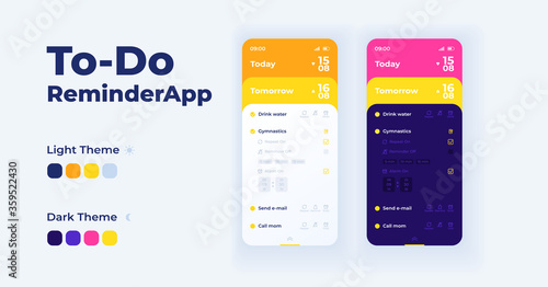 To do reminder app cartoon smartphone interface vector templates set. Mobile app screen page day mode design. Personal lifestyle organizer UI for application. Phone display with flat illustrations