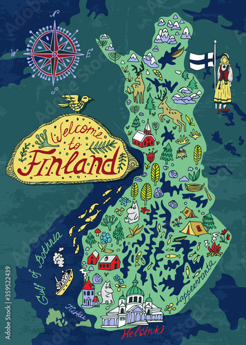 Illustrated map of Finland. Landmarks and national symbols of the country