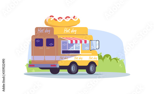 Hot dog truck semi flat vector illustration. Van to sell snack on seasonal urban market. Mobile bistro. Buy streetfood. Cafe in transport. Summer food festival 2D cartoon scene for commercial use