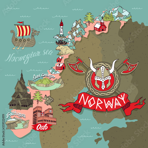 Cartoon map of Norway. Elements of the Scandinavian culture. Travel and attractions