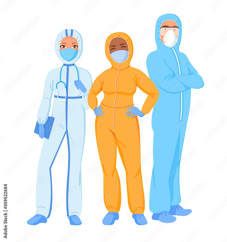 Male and female doctor and nurse characters in protection clothes Male and female doctor and nurse characters in protection clothes