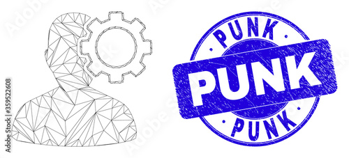 Web mesh user options gear icon and Punk seal stamp. Blue vector rounded scratched seal stamp with Punk message. Abstract carcass mesh polygonal model created from user options gear icon.
