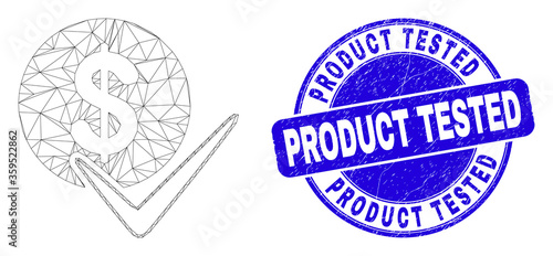 Web carcass valid dollar coin icon and Product Tested seal stamp. Blue vector round grunge seal stamp with Product Tested caption.