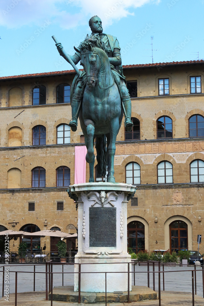Equestrian bronze statue of Cosimo Medici the first, Signoria square, Florence, Italy, touristic place