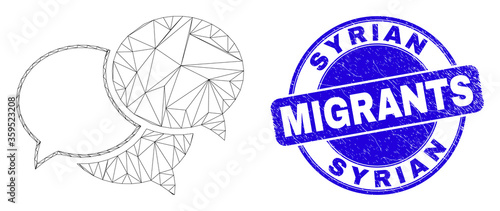 Web carcass webinar messages icon and Syrian Migrants stamp. Blue vector round distress stamp with Syrian Migrants title. Abstract carcass mesh polygonal model created from webinar messages icon.