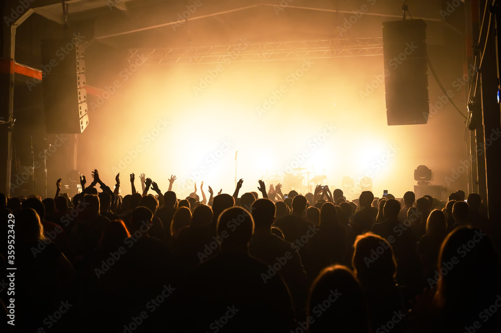 crowd in front of a stage at a music festival in the light of spotlights. viewers awaiting the show. concert banner. bluer
