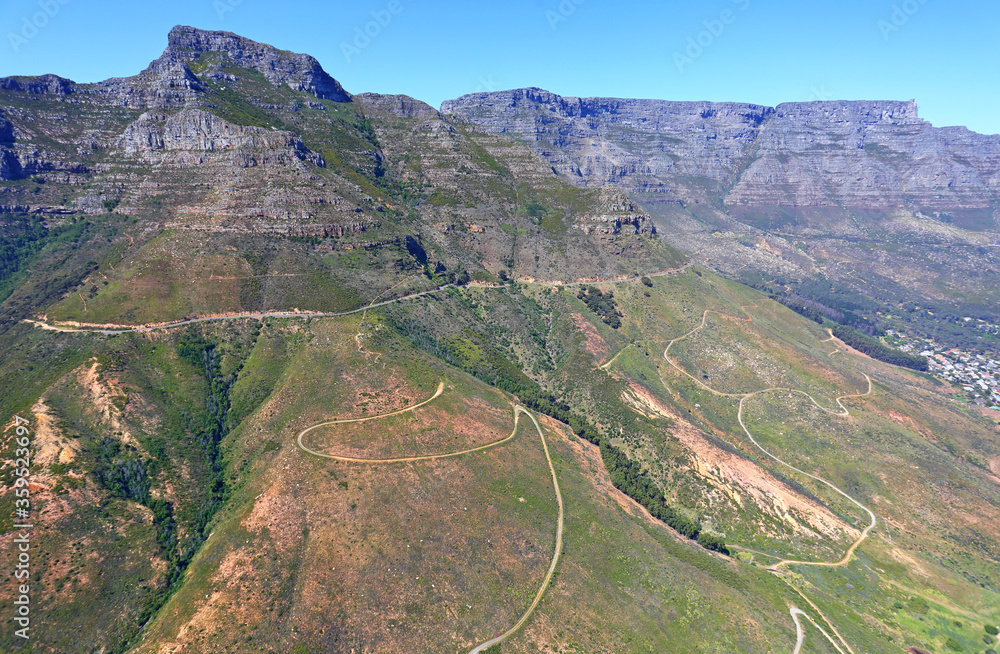 Cape Town, Western Cape / South Africa - 10/25/2018: Aerial photo of paths on Table Mountain