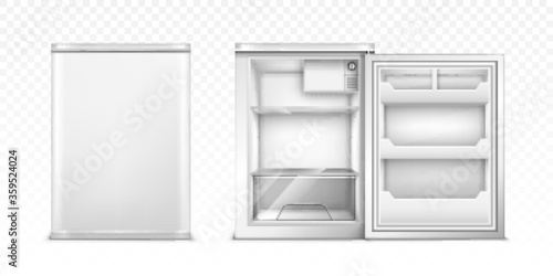 Small refrigerator with open and closed door. Vector realistic mockup of empty mini fridge for kitchen or restaurant. White cooler equipment in front view isolated on transparent background