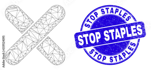 Web mesh x-cross pictogram and Stop Staples stamp. Blue vector rounded distress watermark with Stop Staples text. Abstract frame mesh polygonal model created from x-cross pictogram.