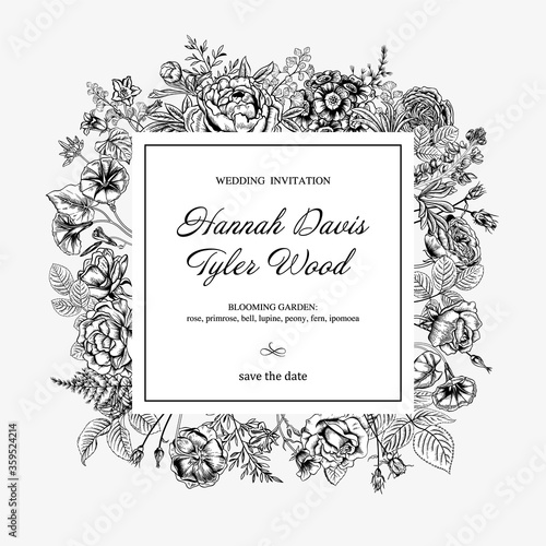 Frame with flowers. Blooming  garden. Vector illustration.