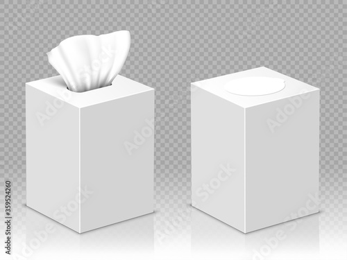 Box with white paper napkins. Vector realistic mockup of blank open and closed cardboard package with facial tissues or handkerchiefs isolated on transparent background