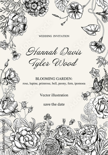 Frame with flowers. Blooming  garden. Vector illustration.