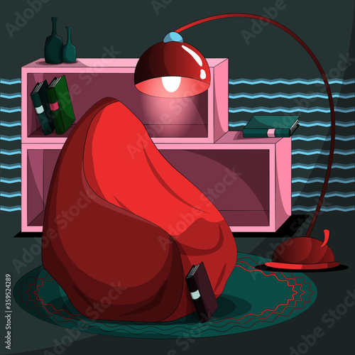 Illustration of the interior of a children's room. A pink bean bag chair is standing on a carpet, a floor lamp with a pink lampshade, a bookcase with books