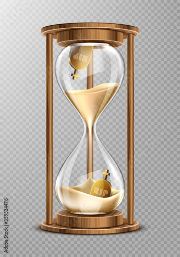 Sand hourglass in wooden frame with gravestones inside. Concept of short life. Vector realistic sand clock, glass timer with flowing grains and tombstones isolated on transparent background