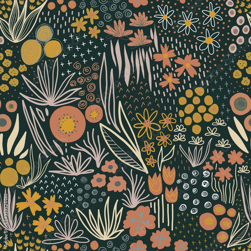 Autumn Flower field fall colors seamless pattern. Repeating liberty doodle flower meadow on a dark background. Repeating Scandinavian style line art florals. For Thanksgiving, fabric, wallpaper
