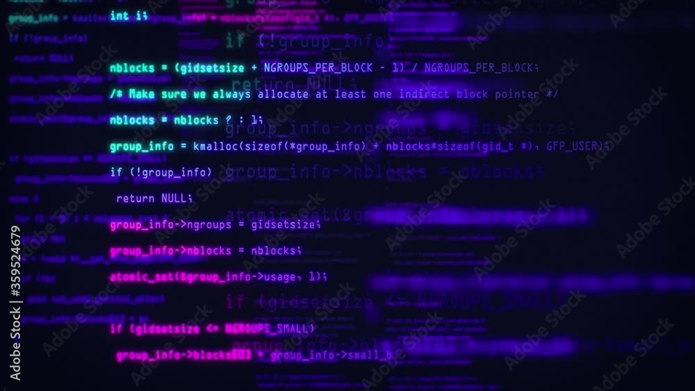 Blocks of abstract program code are written and moved in the virtual space. Blue and purple code. Data flow animation. IT, software development and hacking concept. encrypted security code Blocks of abstract program code are written and moved in the virtual space. Blue and purple code. Data flow animation. IT, software development and hacking concept. encrypted security code