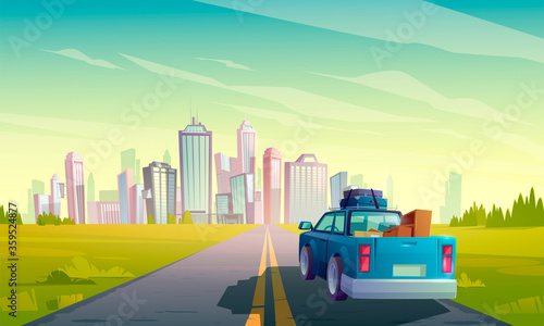 Relocation to another city, wagon truck with freight in open trunk rear view moving by two-lane road with grass on roadside to modern megapolis with skyscraper buildings, Cartoon vector illustration