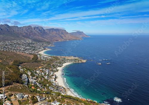 Cape Town, Western Cape / South Africa - 03/28/2018: Aerial photo of Clifton and Camps Bay