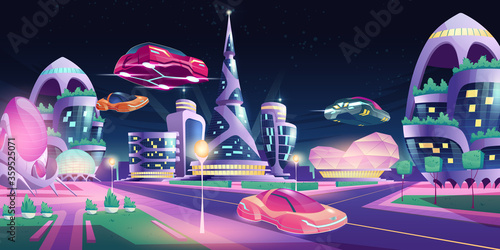 Future night city with flying cars and futuristic neon glowing glass buildings of unusual shapes, green plants, automobile drive road. Alien urban architecture skyscrapers, Cartoon vector illustration