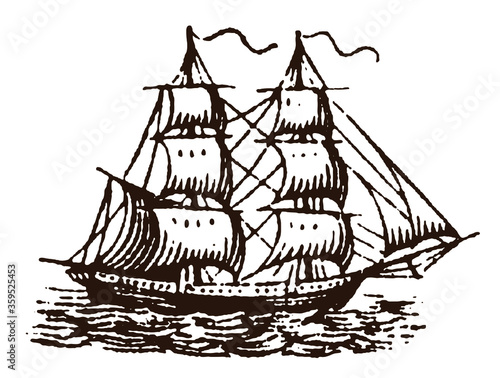 Antique sailing ship on wavy sea, after vintage engraving from the 19th century