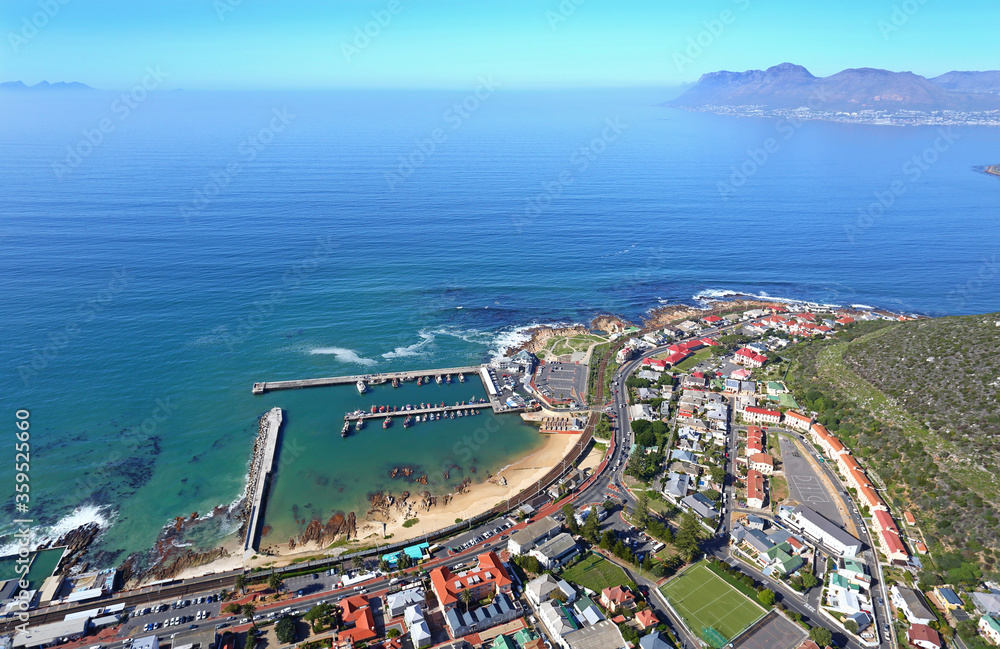 Cape Town, Western Cape / South Africa - 08/24/2018: Aerial photo of Kalk Bay Harbour