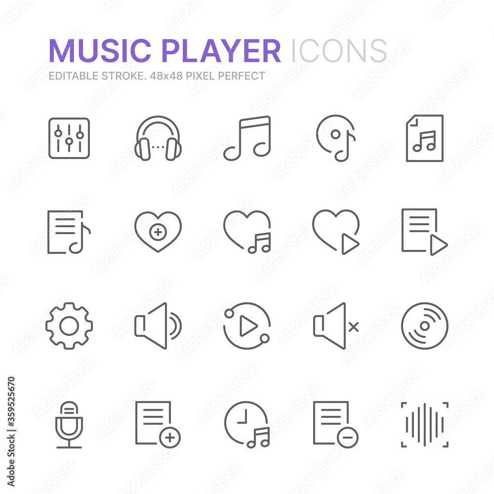 Collection of music player ui related line icons. 48x48 Pixel Perfect. Editable stroke Collection of music player ui related line icons. 48x48 Pixel Perfect. Editable stroke
