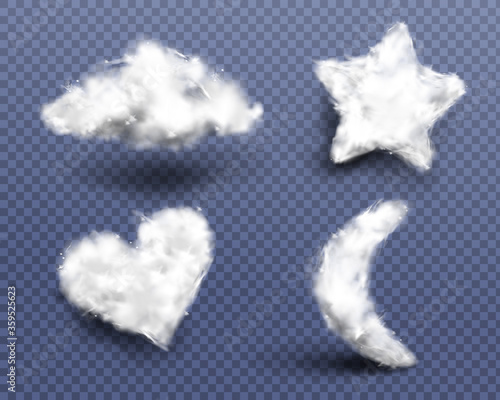 Realistic cotton wool, clouds or wadding balls set isolated on transparent background. Smooth soft pieces of white fluffy material, pure fiber in shape of heart, star and moon 3d vector icons, clipart