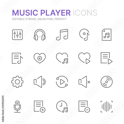 Collection of music player ui related line icons. 48x48 Pixel Perfect. Editable stroke