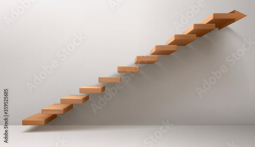 Empty room with brown staircase and arrow sign instead of top step. Vector realistic mockup of stairs, concept of career growth, direction to success, leader way. Abstract ladder side view