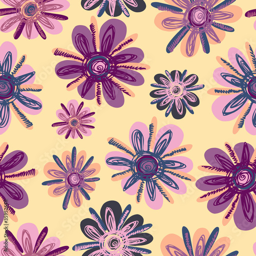 Vector seamless pattern colorful design of hand-drawn sketched flower doodles on purple background. The design is perfect for backgrounds, textiles, wrapping paper, wallpaper, decorations and surfaces