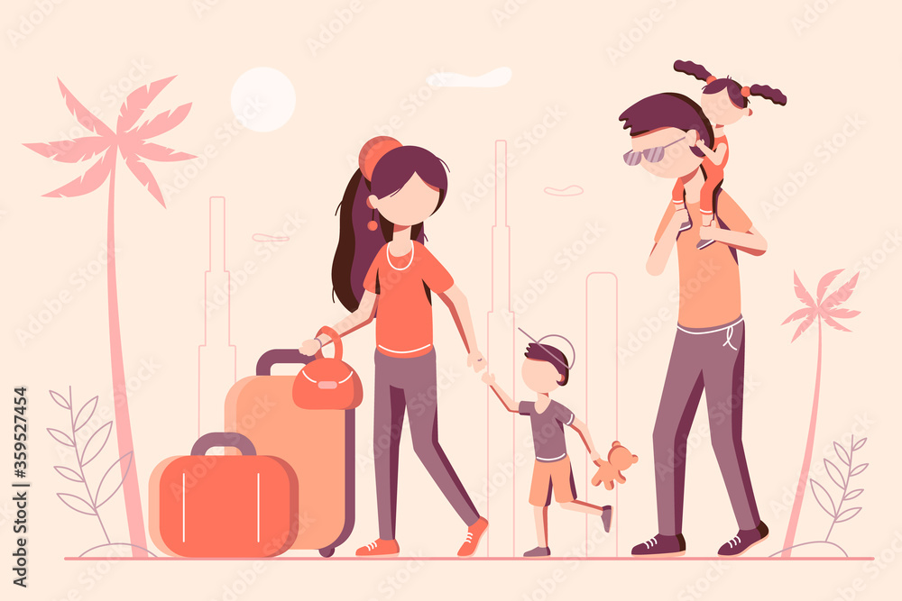 Happy family travelling with suitcases all over the world taking vacation Happy family travelling with suitcases all over the world taking vacation