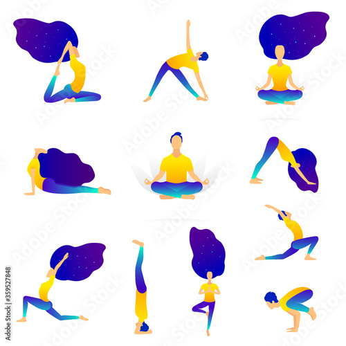 Girls and men do yoga and meditate in various poses and figures.