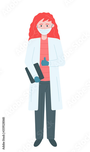 Girl in protective medical face mask. Scientist gives the thumbs up wearing mask