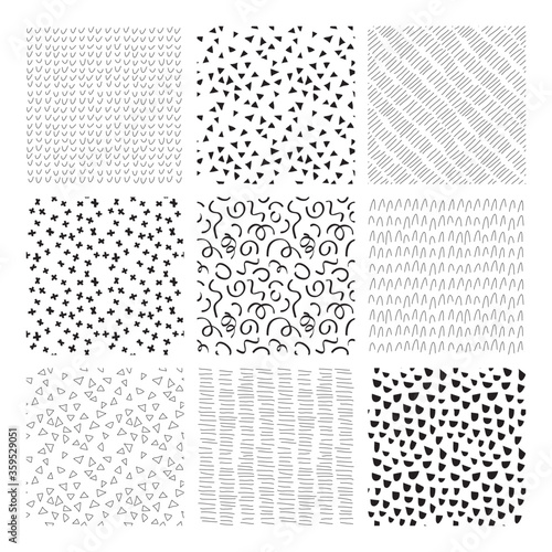 Set of hand drawn line art seamless patterns. Cute simple vector backgrounds, textures with scratchy grungy childish textures with pencil strokes, triangles, spots, stripes, ribbons, waves, crosses.