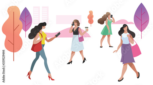 Women in different poses in urban public park. City landscape. Talking phone  walking. Modern flat trendy design. Vector illustration.