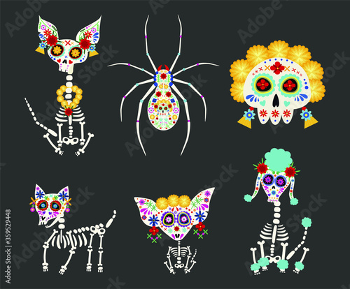 Dia de Los Muertos, Day of the Dead or Mexico Halloween skull collection. Set of skeleton animals, dogs and spider. 