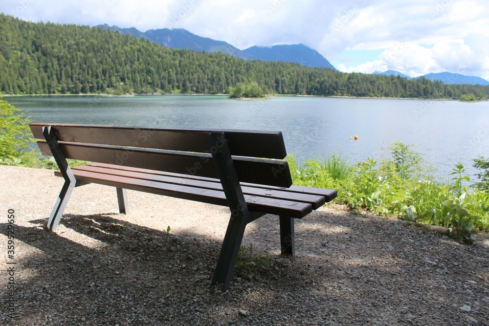 Bench at the lake Eibsee, in Germany. 