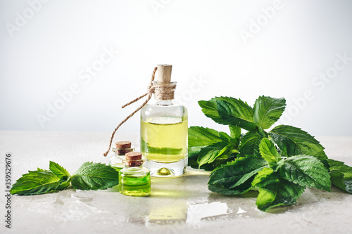 Peppermint essential oil and fresh mint leaves.
