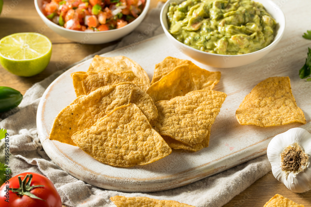 Homemade Tortillas Chips with Salsa and Guacamole
