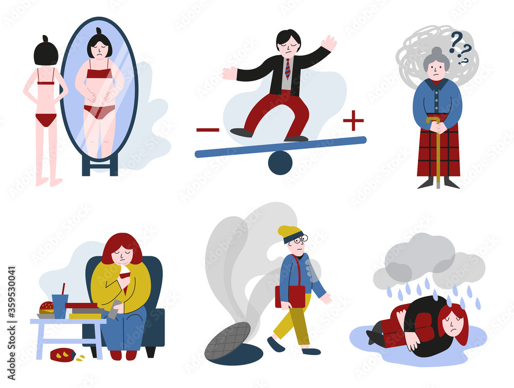 Anorexia, bulimia, depression, eating and bipolar disorder, paranoia, panic attack, dementia. Mental illness concepts, behavioral problem and psychiatric condition. Set of flat vector illustrations.