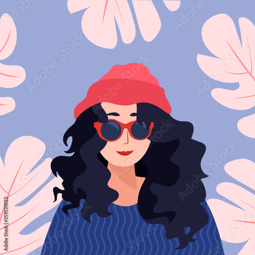 Casual Girl Portrait With Leaves Vector Illustration