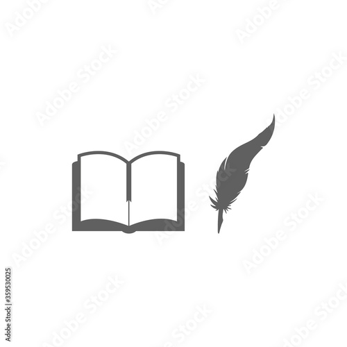 old book with ink and quill. Old vintage open book and ink pen flat vector. Isolated illustration.