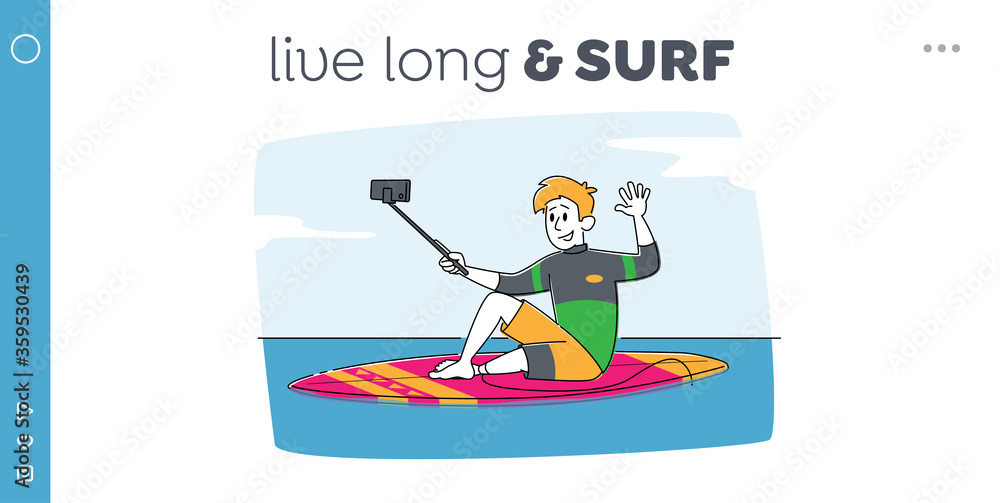 Summertime Activity Vacation in Exotic Country Landing Page Template. Young Man Surfer Character Sitting on Surf Board in Sea Making Selfie on Smartphone. Surfing in Ocean. Linear Vector Illustration